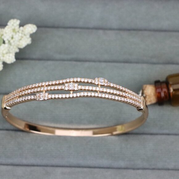 Triple Row Rose Gold Bangle with Sparkling Geometric Accents, XPBL0557 - Picture 10 of 12